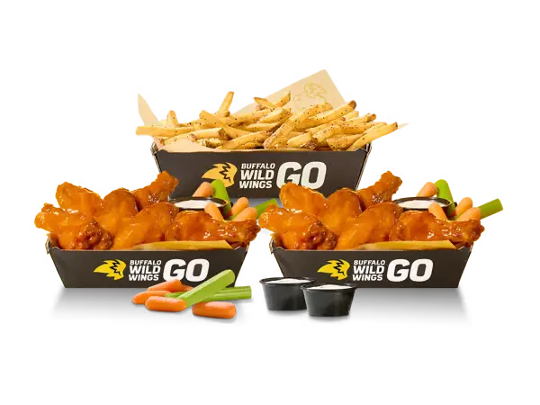 Buffalo Wild Wings 10 bone-in wings combo with fries celery carrots and dipping sauces.