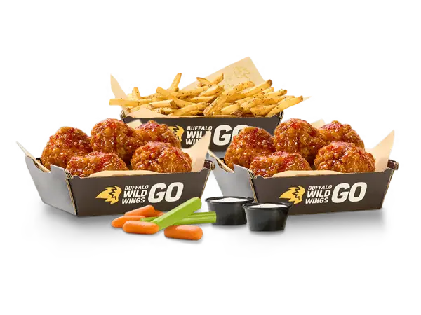 Buffalo Wild Wings 10 boneless wings combo with fries celery carrots and dipping sauces.