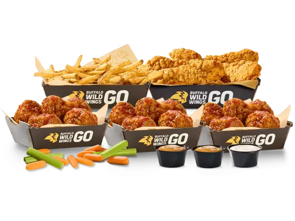 Buffalo Wild Wings 15 boneless wings 5 chicken dippers with fries celery carrots and dipping sauces combo.