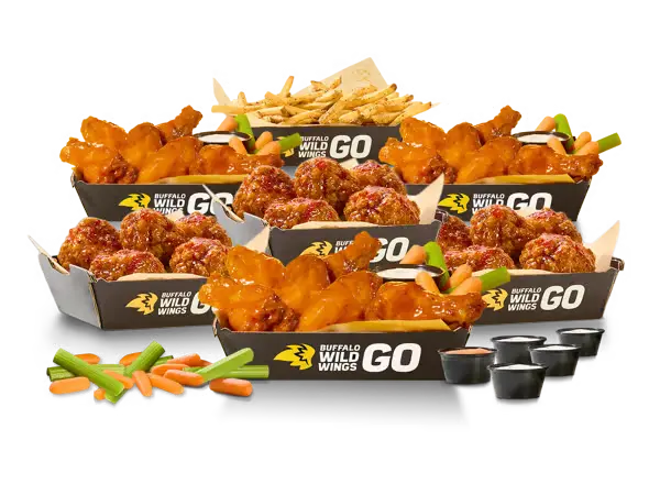 Buffalo Wild Wings 15 and 15 wing bundle with bone-in wings boneless wings fries celery carrots and dipping sauces.