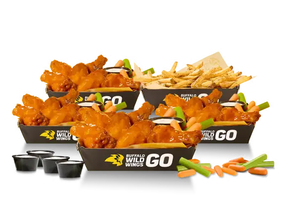 Buffalo Wild Wings 20 bone-in wings with fries celery carrots and dipping sauces combo meal.
