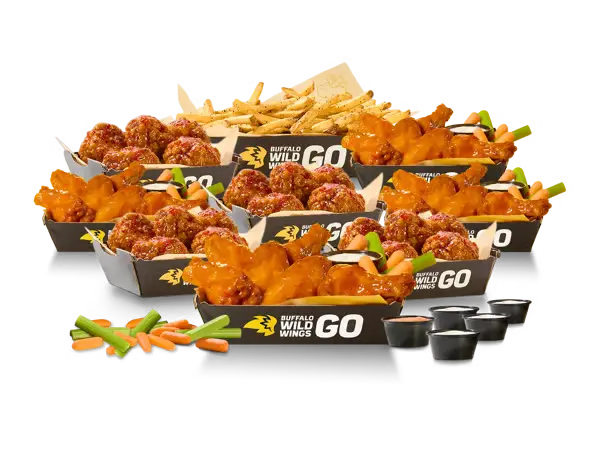 Buffalo Wild Wings 20 and 20 wing bundle with bone-in wings boneless wings fries celery carrots and dipping sauces