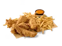 Buffalo Wild Wings hand breaded chicken tenders with french fries and dipping sauce.