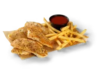 Buffalo Wild Wings 3 naked chicken tenders with french fries and dipping sauce.