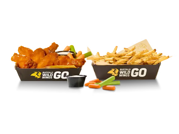 Buffalo Wild Wings 6 bone-in wings combo with fries celery carrots and dipping sauce.