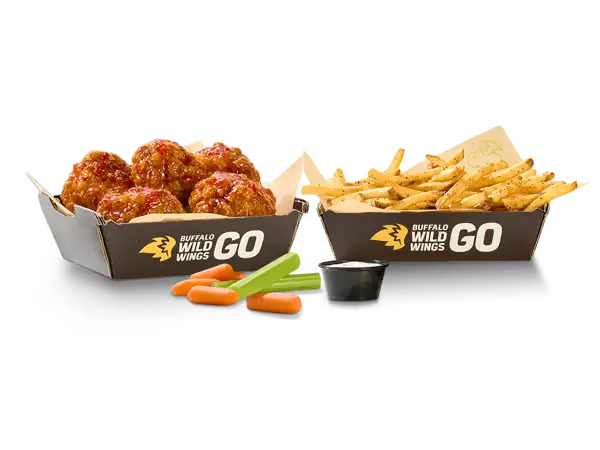 Buffalo Wild Wings 6 boneless wings combo with fries celery carrots and dipping sauce.
