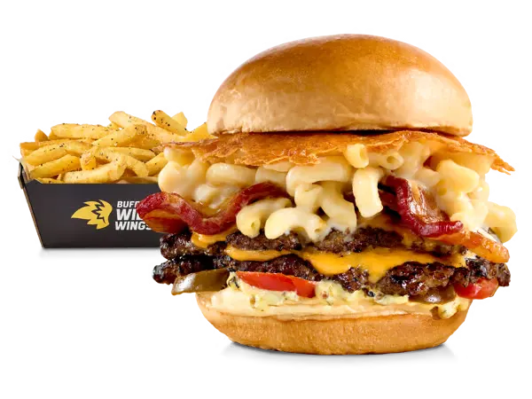 Burger topped with creamy macaroni and cheese and crispy bacon.