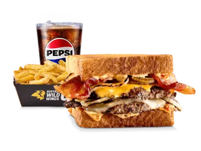 Bacon patty melt sandwich lunch combo with melted cheese and calorie details