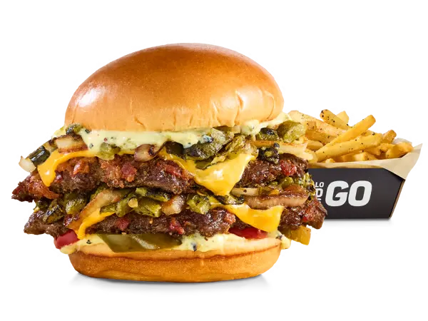 Smashed beef burger with bacon and hatch green chiles.