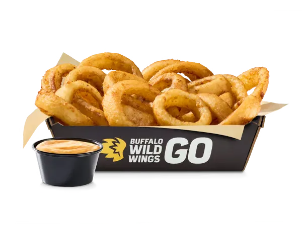 Buffalo Wild Wings beer battered onion rings with dipping sauce.