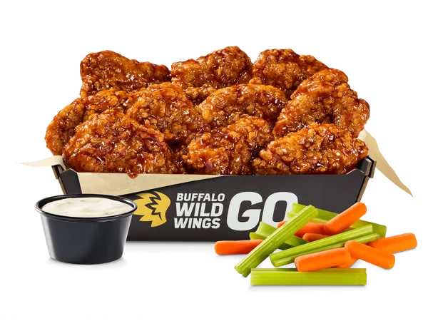 Buffalo Wild Wings BOGO boneless wings with ranch dipping sauce celery and carrots.