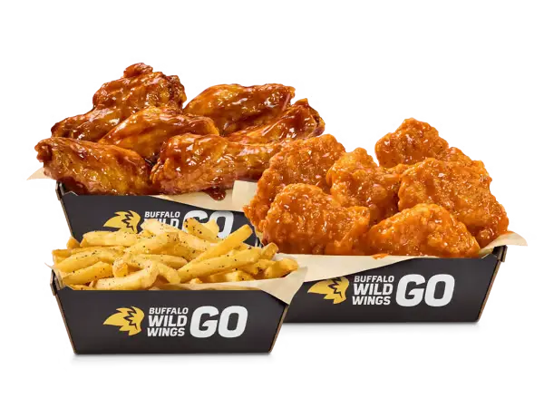 Buffalo Wild Wings bone-in and boneless wings combo with seasoned fries.