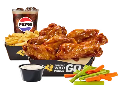 Bone-in chicken wings lunch combo with sauce and calorie information