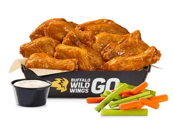 Buffalo Wild Wings bone-in chicken wings with ranch dipping sauce celery and carrots
