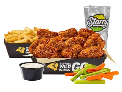 Boneless wings lunch combo meal with fries and beverage on menu