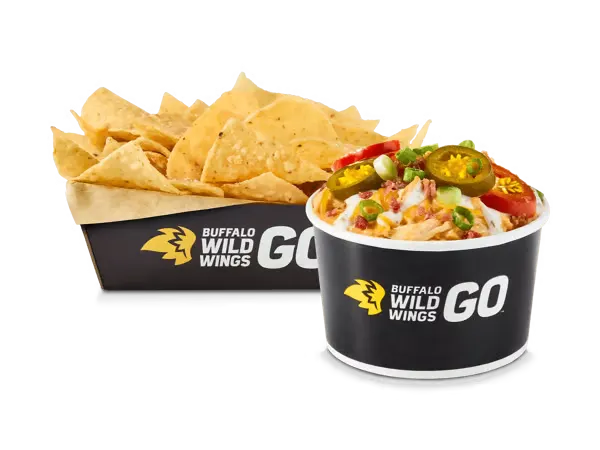 Buffalo Wild Wings buffalo chicken dip with tortilla chips.