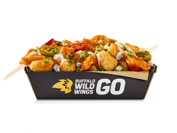 Buffalo Wild Wings buffalo chicken tots with sauce and toppings.