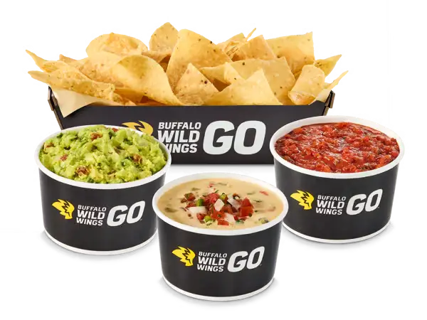 Buffalo Wild Wings chips with trio of dips including queso guacamole and salsa.