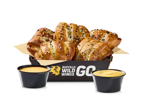 Buffalo Wild Wings everything pretzel knots with cheese dipping sauce