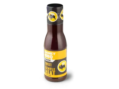 Honey BBQ sauce bottle with smoky sweet taste 70 calories