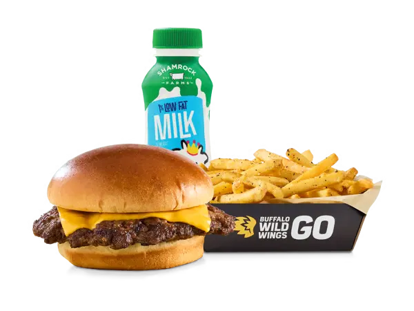 Kids cheeseburger meal with calorie information displayed on menu card