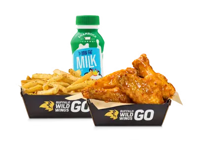 Kids bone-in chicken wings meal with calorie details on menu card