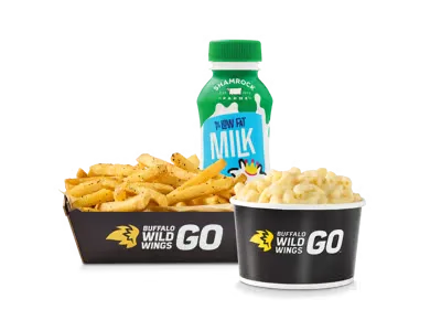 Kids mac and cheese meal with fries and drink shown on Buffalo Wild Wings menu