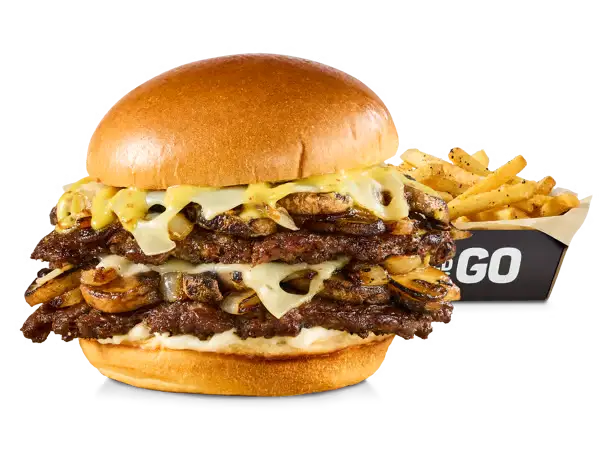 Beef burger topped with sautéed mushrooms and melted Swiss cheese”