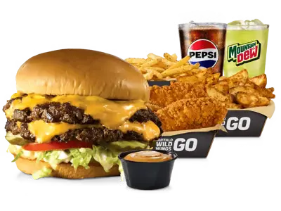 Buffalo Wild Wings combo meal with burger fries chicken tenders Pepsi Mountain Dew and dipping sauce.
