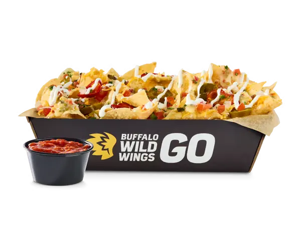 Buffalo Wild Wings ultimate nachos with cheese jalapenos and toppings.